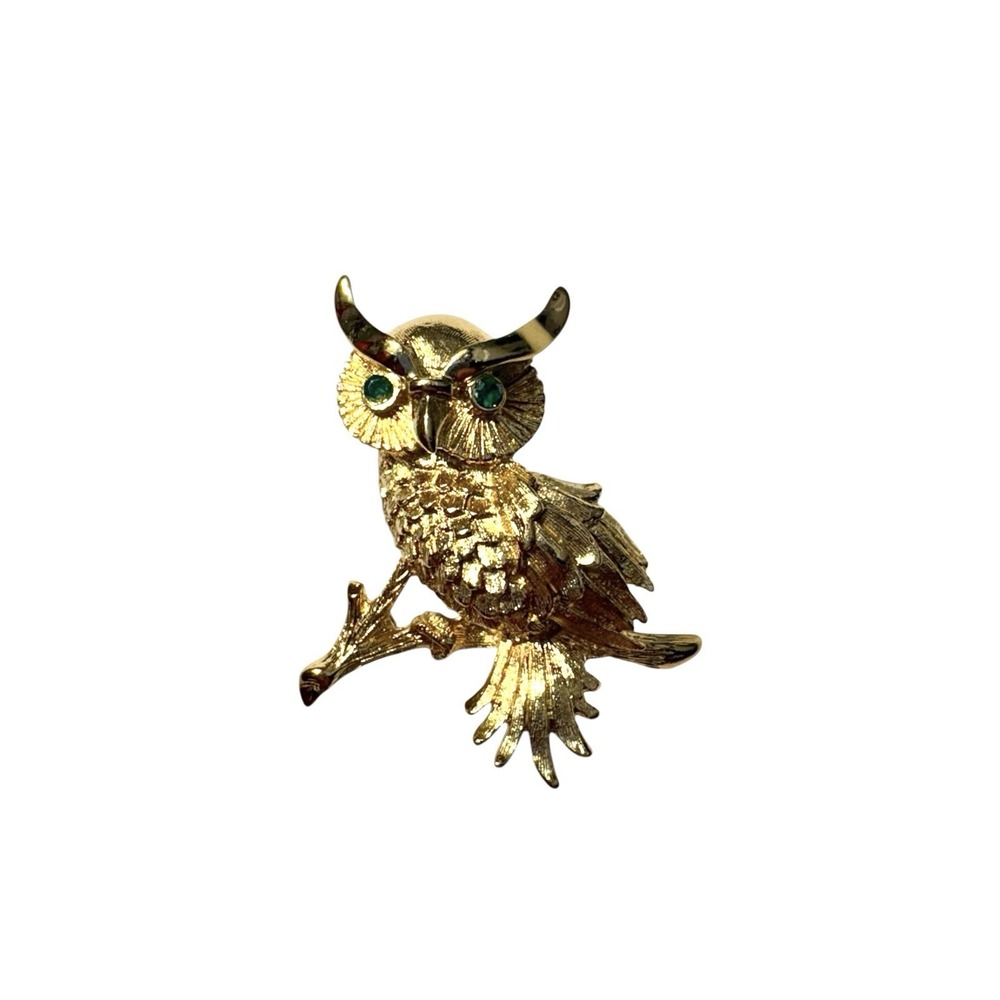 Vintage Monet Gold Tone Rhinestone Green Eye Perched Owl Bird Brooch Pin